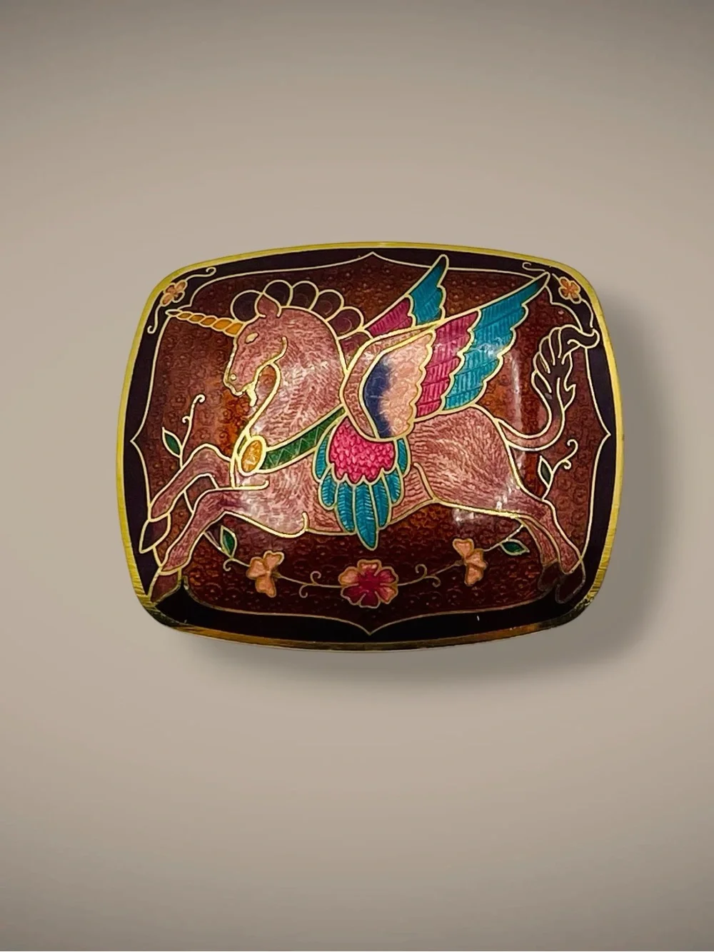 Vintage 1970s Cloisonné Enamel Winged Unicorn Pegasus Belt Buckle